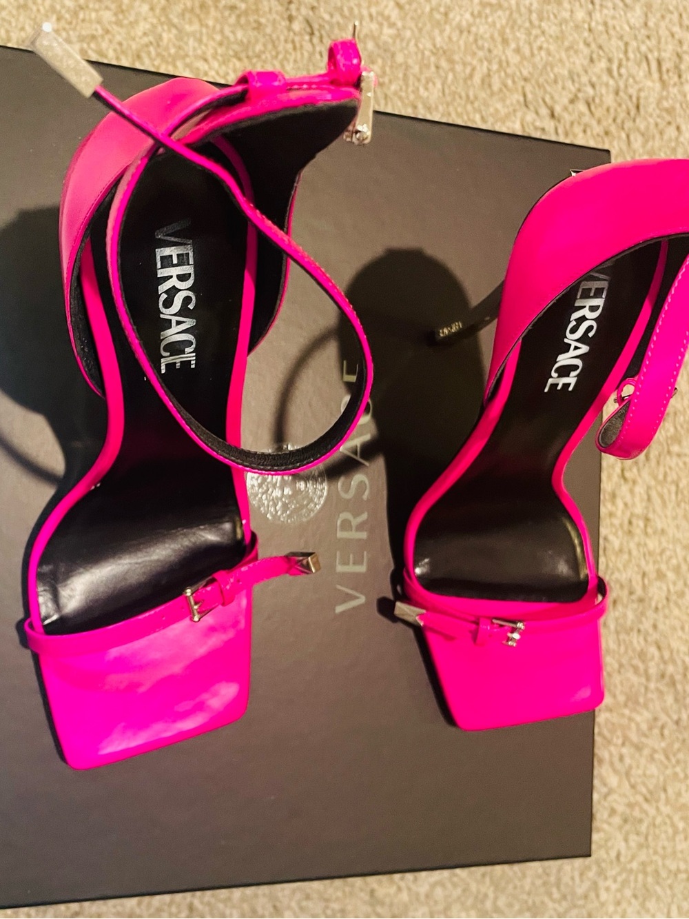 Versace Hot Pink Strappy Square-Toe Heeled Sandals - Picture 2 of 6